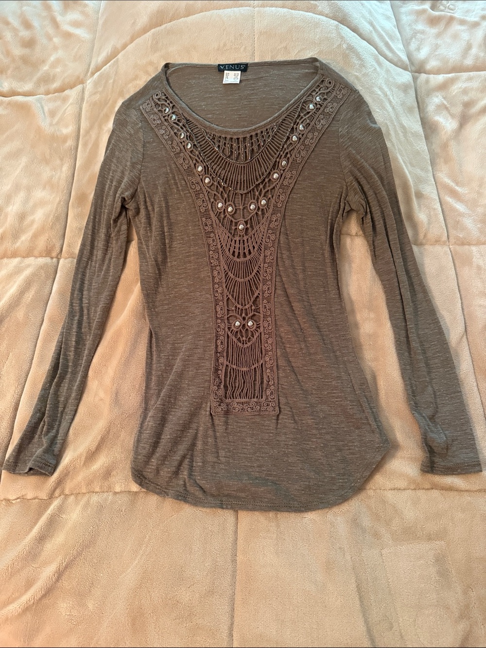 VENUS Taupe Crochet-Front Long Sleeve Top